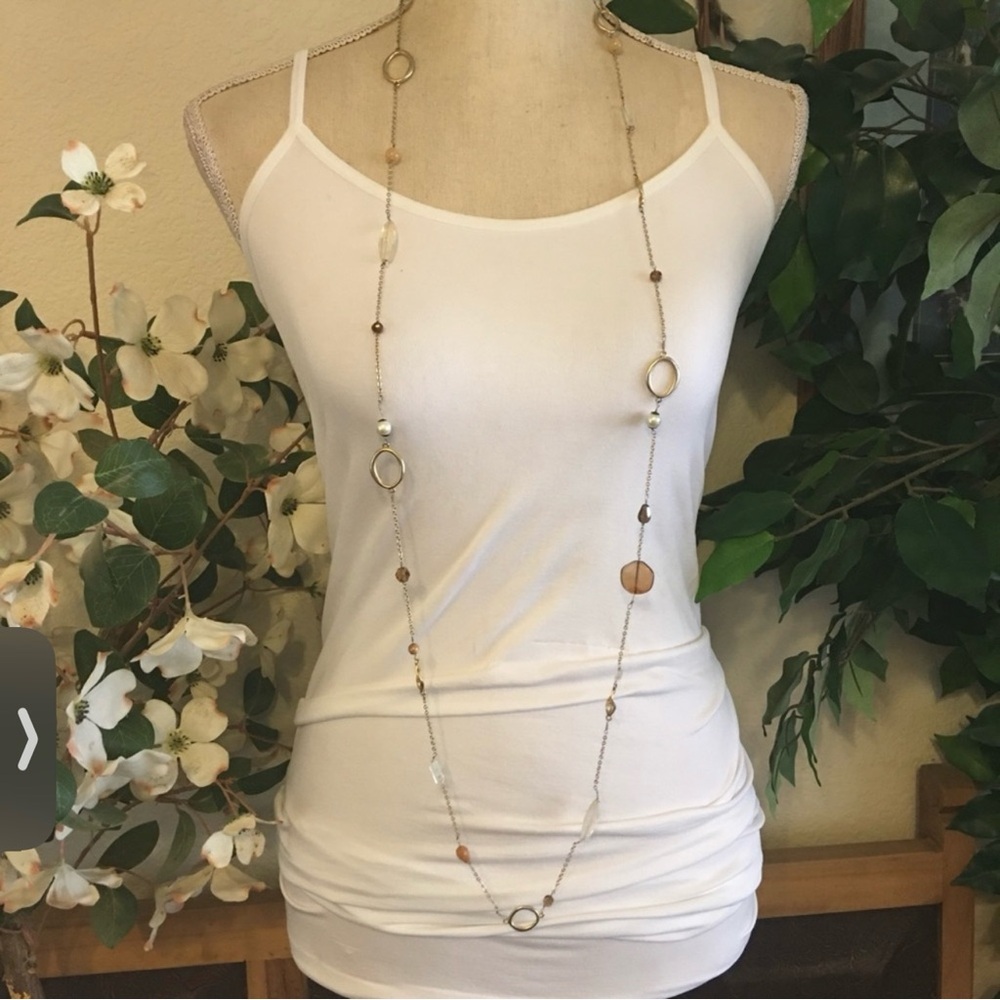 Vintage handcrafted wired stone glass pearl bead long length necklace